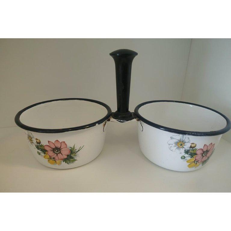 Juego De Cocina Enlozado Vintage Capea Recipiente Doble Y Tazas
