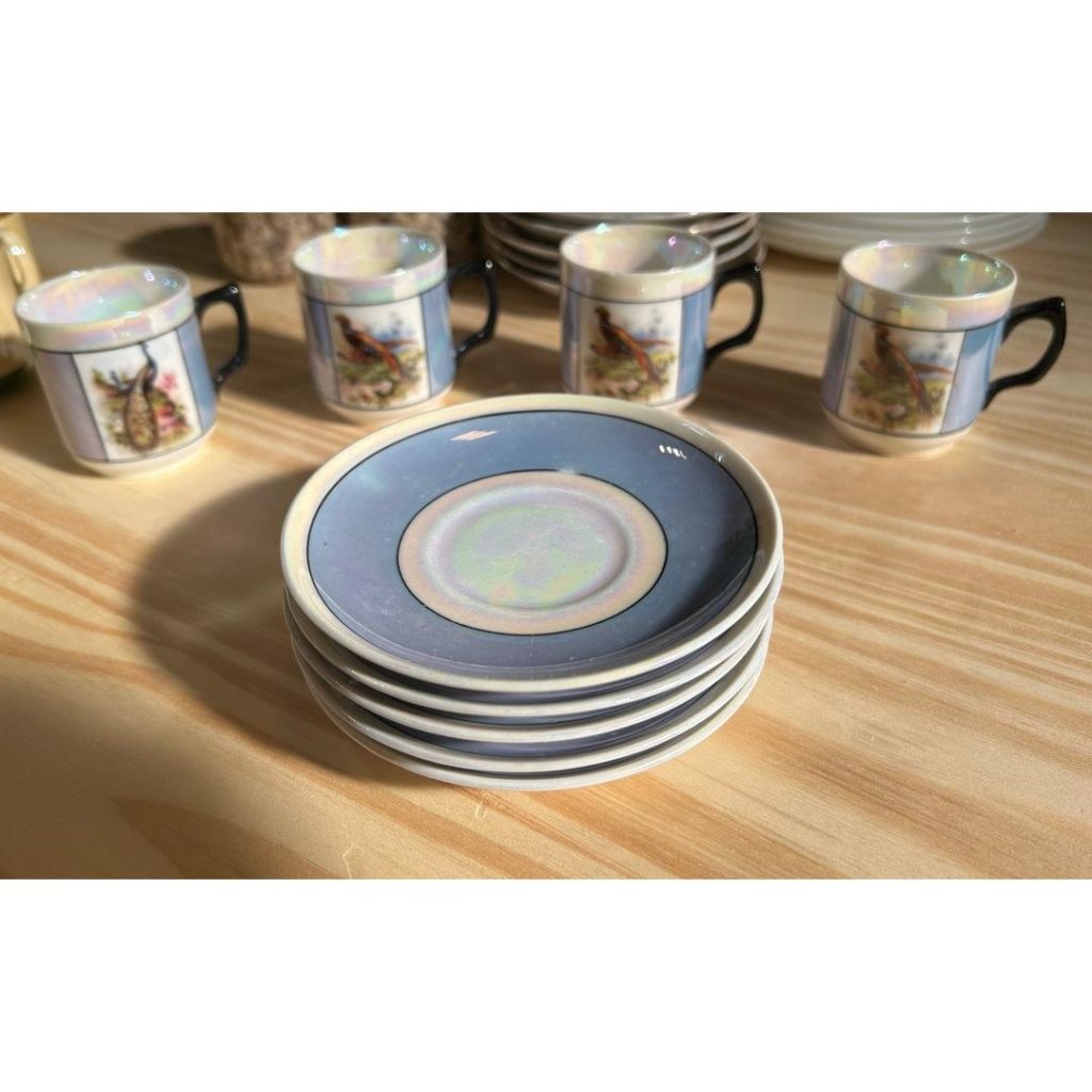 Juego de Tazas de Café Porcelana Alemana Tornasolada - Motivo Faisán